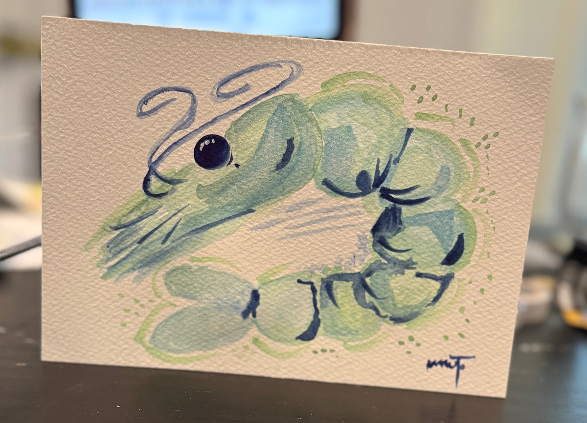 Whimsical Shrimp Print in Aqua – 4x4 Watercolor Art PRINT in Acrylic Block Frame
