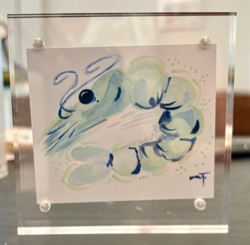 Whimsical Shrimp Print in Aqua – 4x4 Watercolor Art PRINT in Acrylic Block Frame