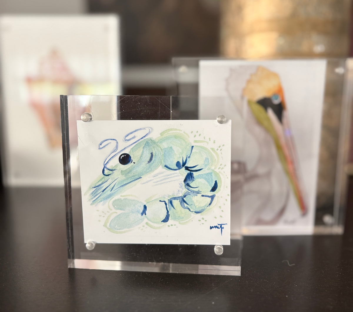 Whimsical Shrimp Print in Aqua – 4x4 Watercolor Art PRINT in Acrylic Block Frame