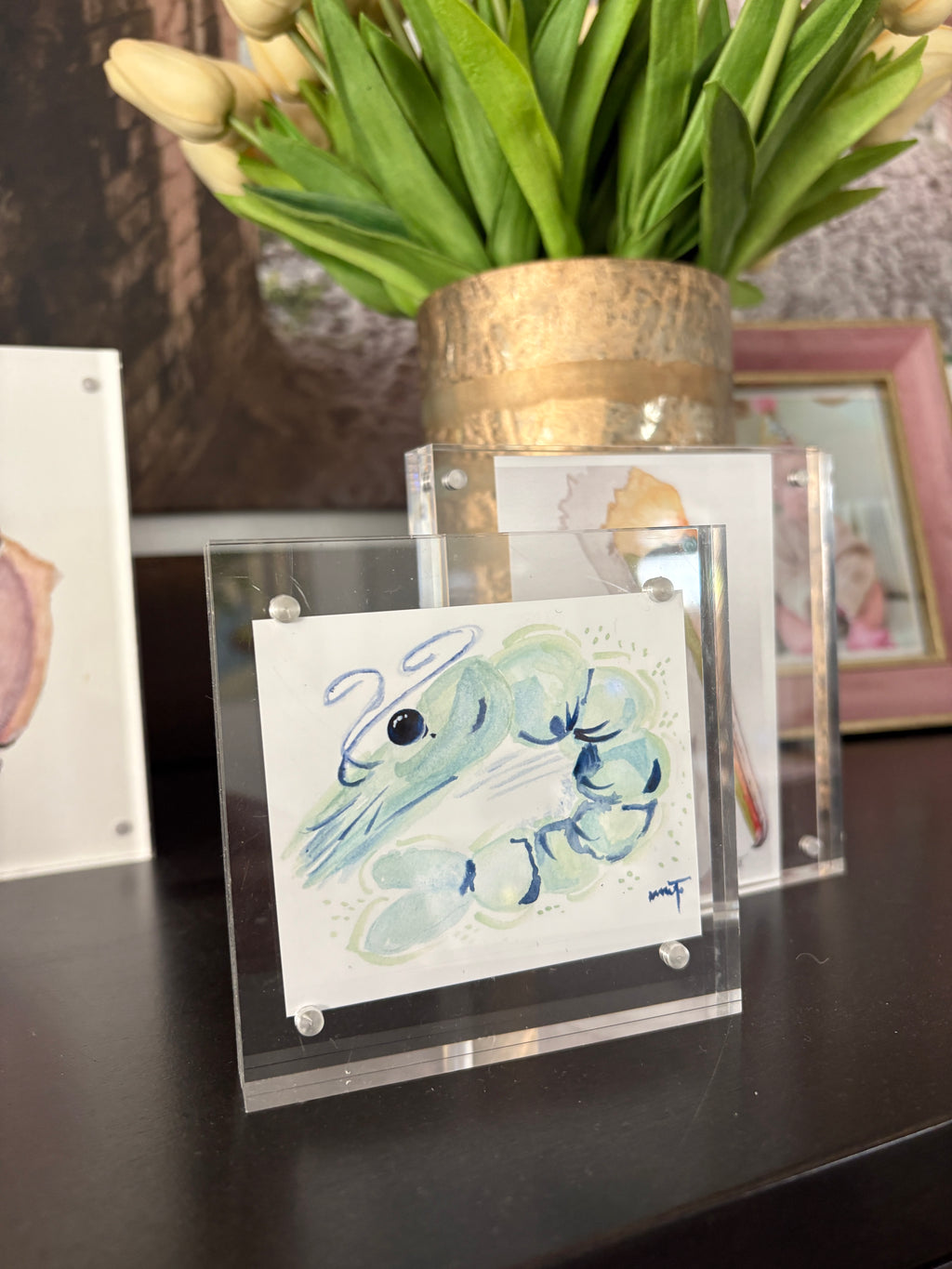Whimsical Shrimp Print in Aqua – 4x4 Watercolor Art PRINT in Acrylic Block Frame