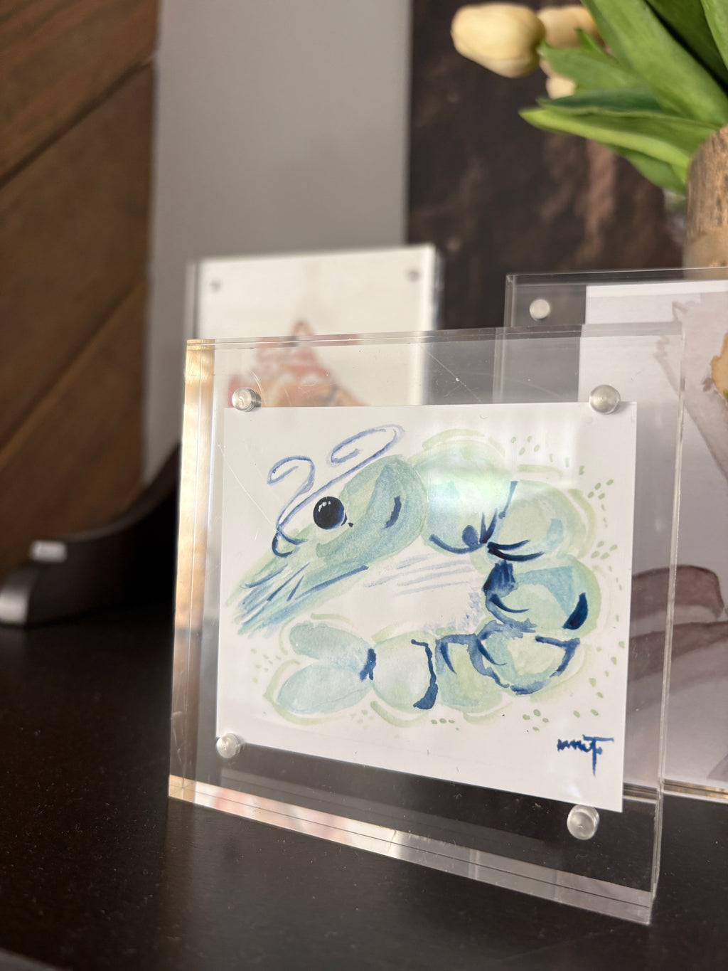 Whimsical Shrimp Print in Aqua – 4x4 Watercolor Art PRINT in Acrylic Block Frame