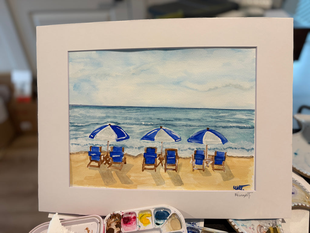 Original Watercolor Beach Painting – 9x12 Coastal Scene with Blue Umbrellas & Ocean Waves