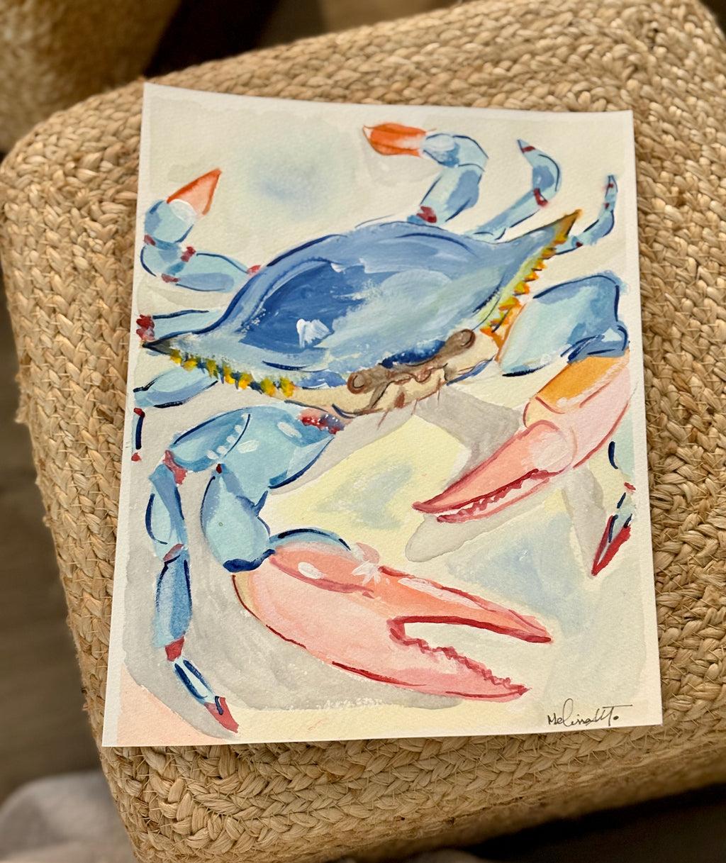 Blue Crab Original Mixed Media Painting | Framed 9x12 Coastal Art