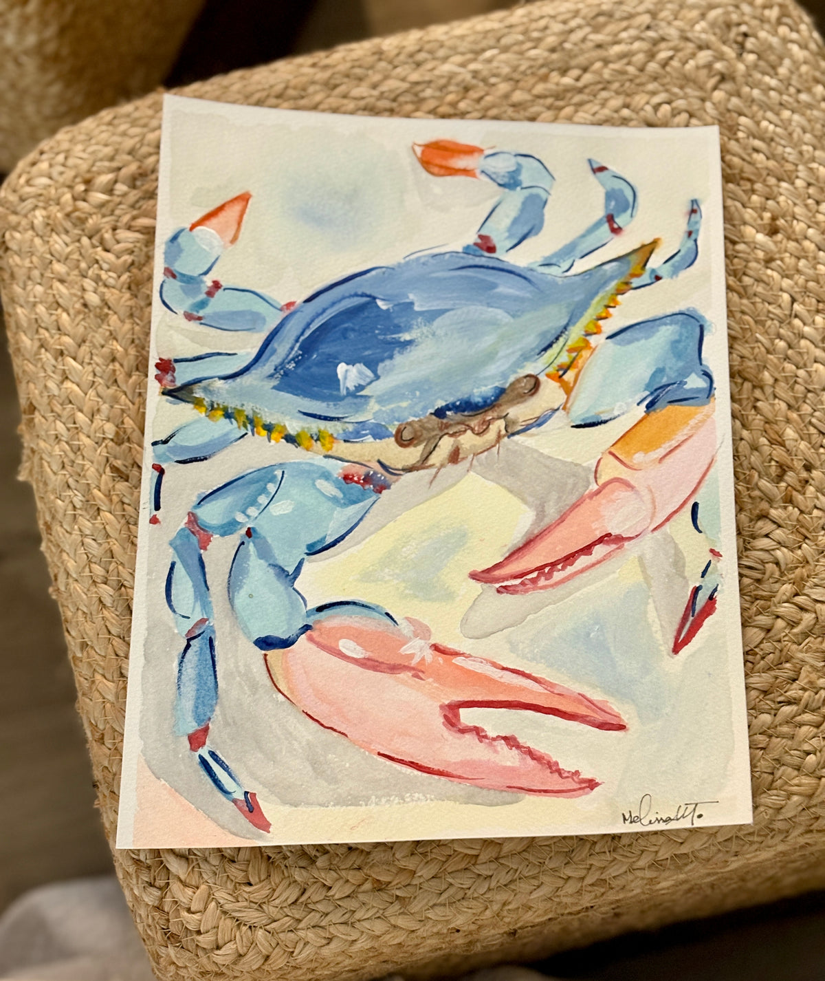 Blue Crab Original Mixed Media Painting | Framed 9x12 Coastal Art
