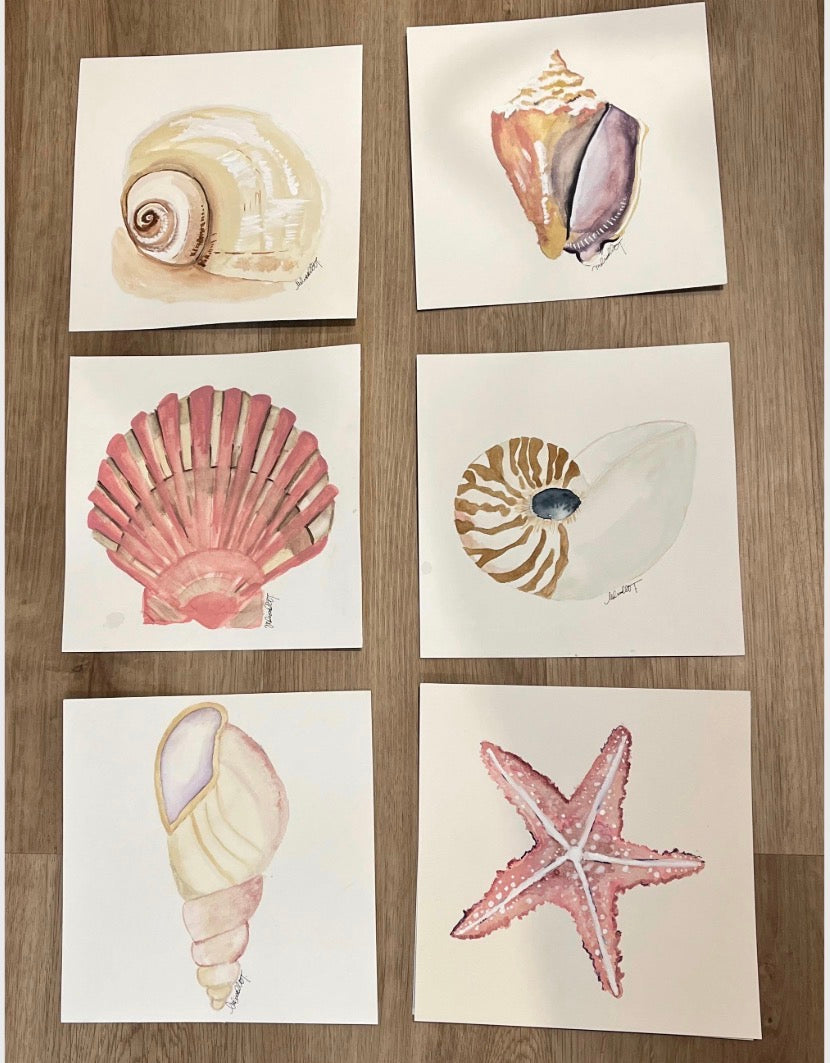 Coastal Shell Watercolor SET of 6 | Original Art | 10x10 Beach-Inspired Wall Collection