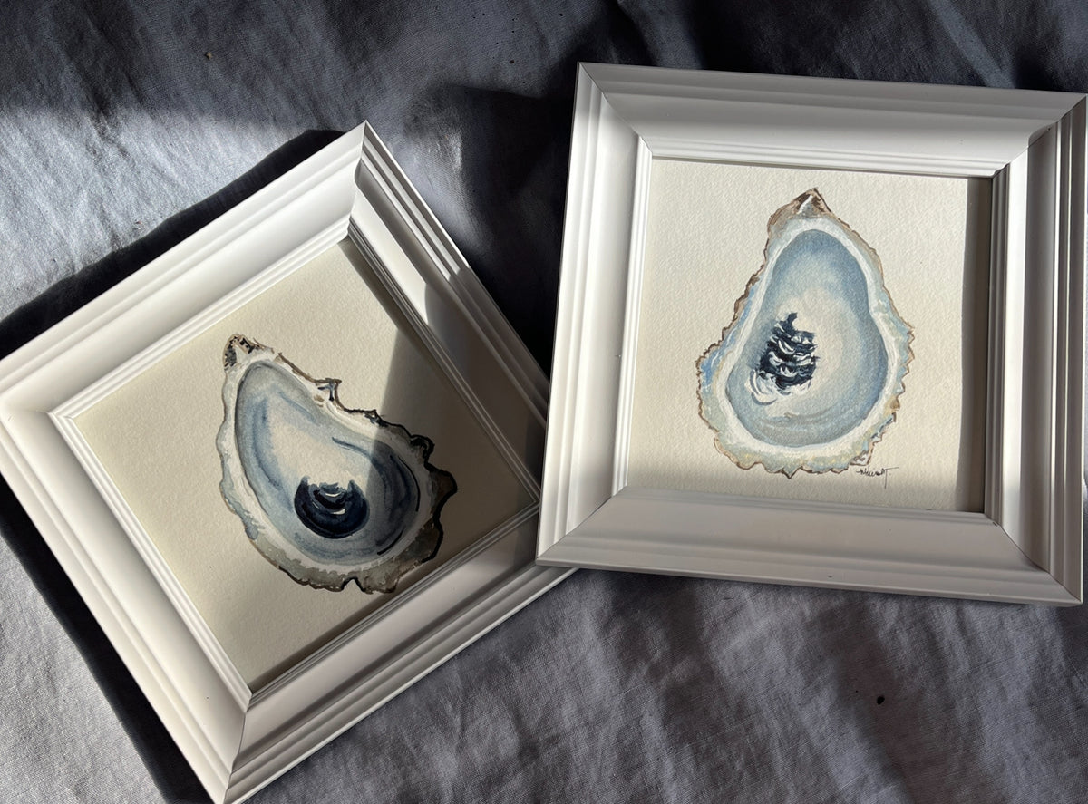 Framed Oyster Shell Watercolors – SET of 2 Original 6x6 Coastal Paintings