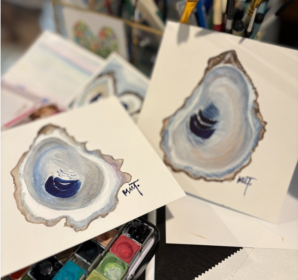 Framed Oyster Shell Watercolors – SET of 2 Original 6x6 Coastal Paintings