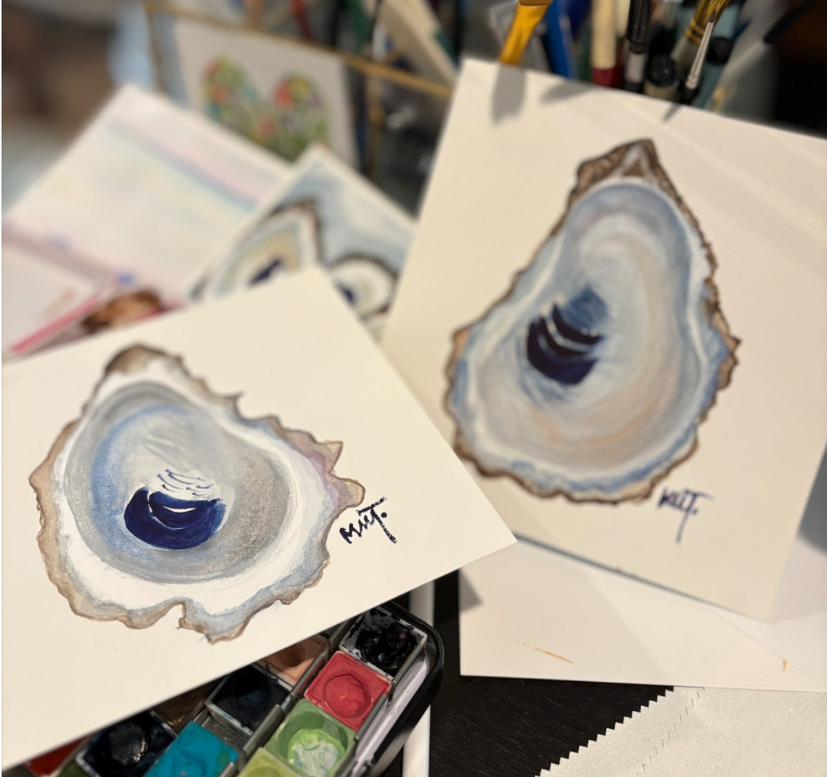 Framed Oyster Shell Watercolors – SET of 2 Original 6x6 Coastal Paintings