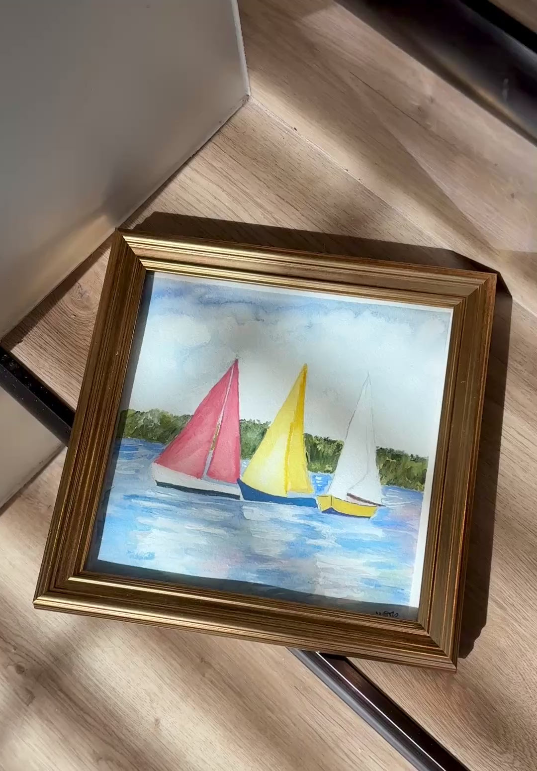 Original Watercolor Sailboats, Framed 12x12