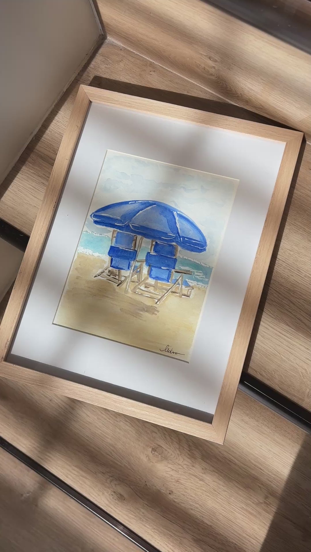 Original Watercolor Beach Chairs, Framed 9x12