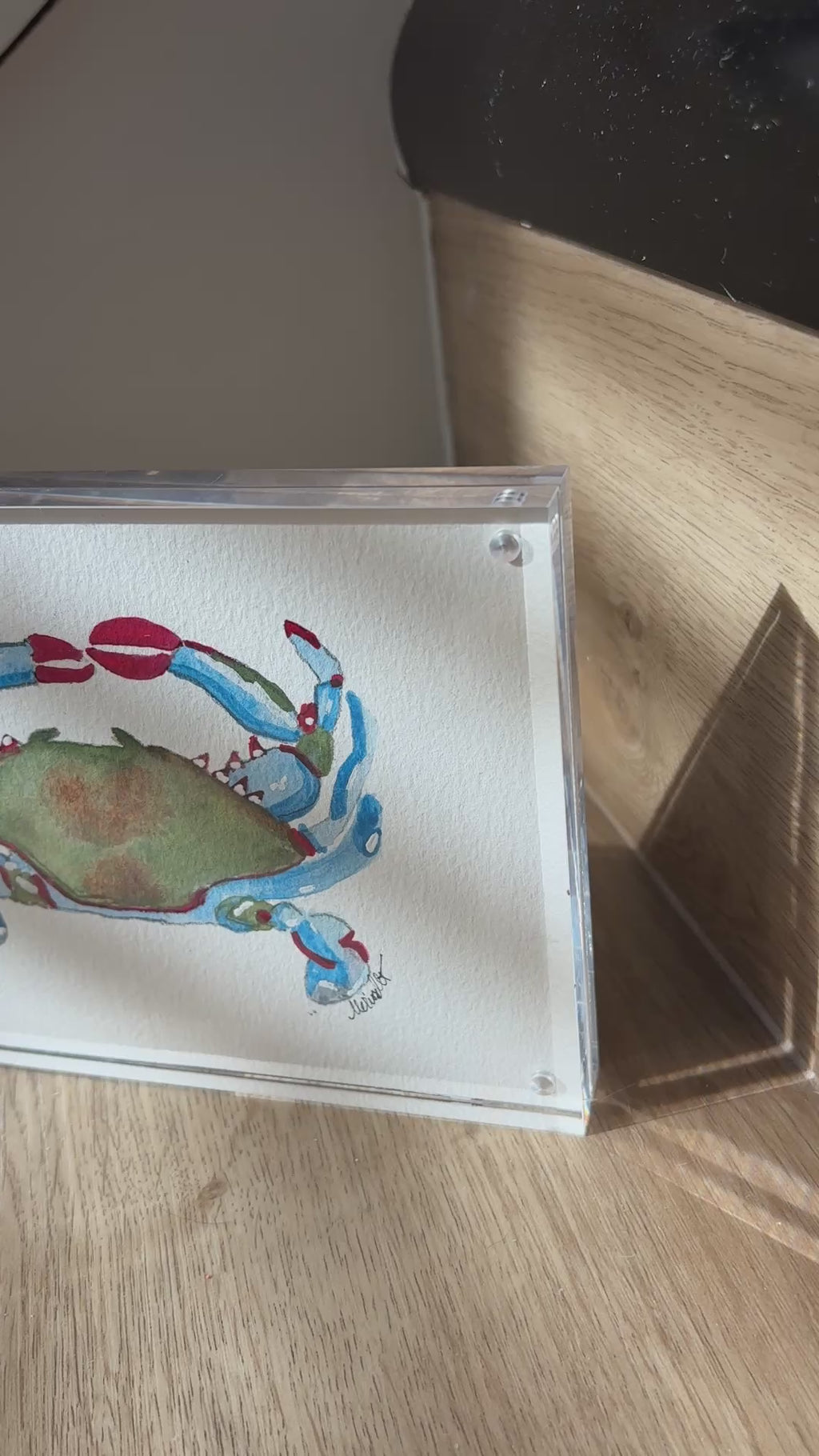 Original Watercolor Blue Crab, Acrylic Block Frame